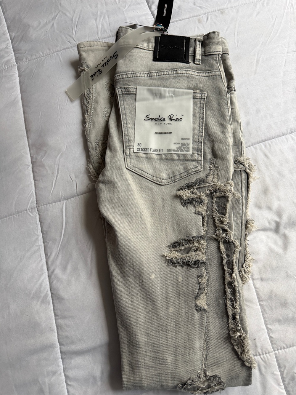 Smoke Rise Light Gray Distressed Stacked Flare Jeans